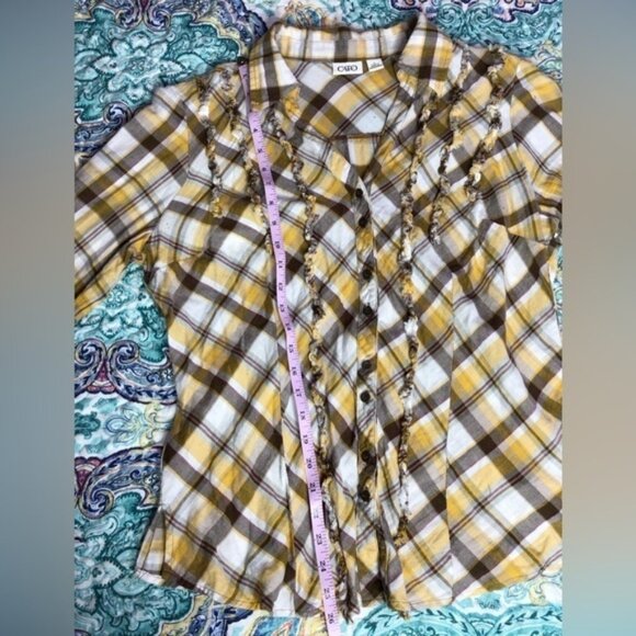 Yellow Plaid Button-Up Women's Top Large (4y) - Picture 4 of 9
